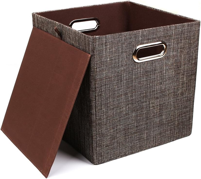 Collapsible Storage Bins,13×13 Foldable Storage Cube Boxes Fabric Drawer Fabric Storage Bins Vinyl Record Light Coffee, 4 Pack