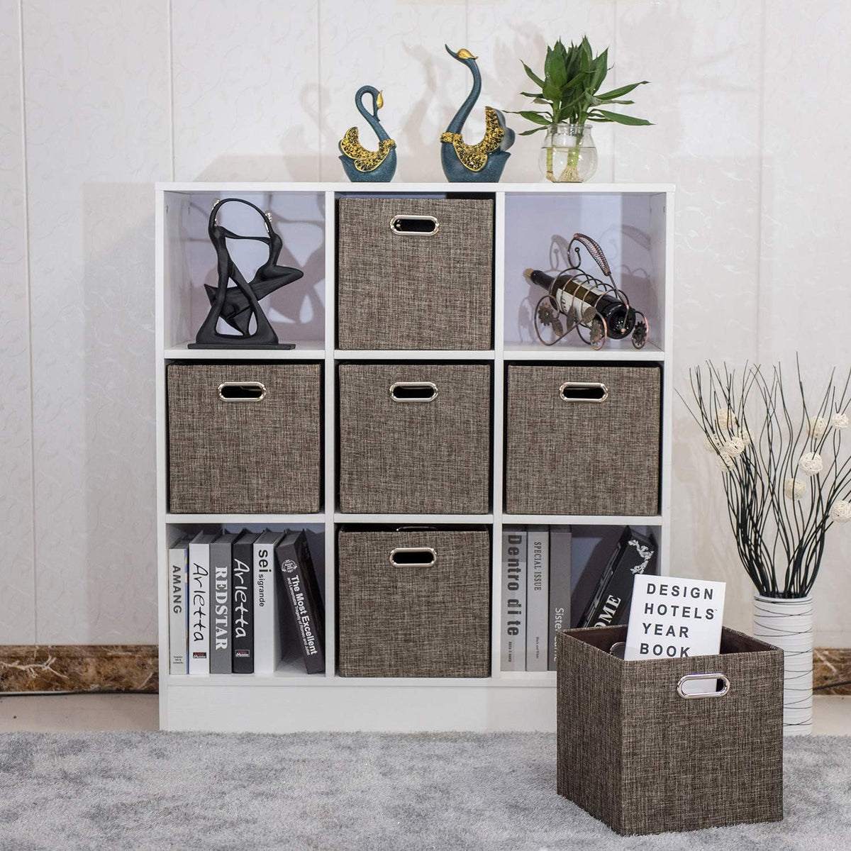 Collapsible Storage Bins,13×13 Foldable Storage Cube Boxes Fabric Drawer Fabric Storage Bins Vinyl Record Light Coffee, 4 Pack