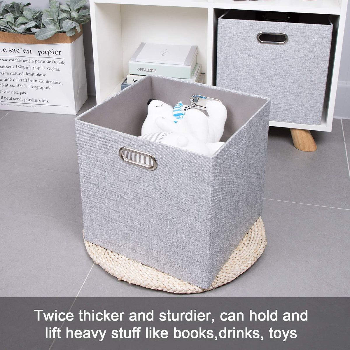 Collapsible Storage Bins,13×13 Foldable Storage Cube Boxes Fabric Drawer Fabric Storage Bins Vinyl Record Light Coffee, 4 Pack