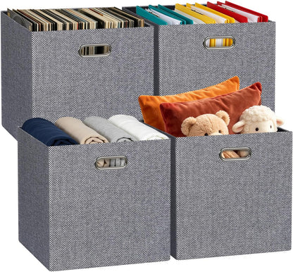 Collapsible Storage Bins,13×13 Foldable Storage Cube Boxes Fabric Drawer Fabric Storage Bins Vinyl Record Light Coffee, 4 Pack