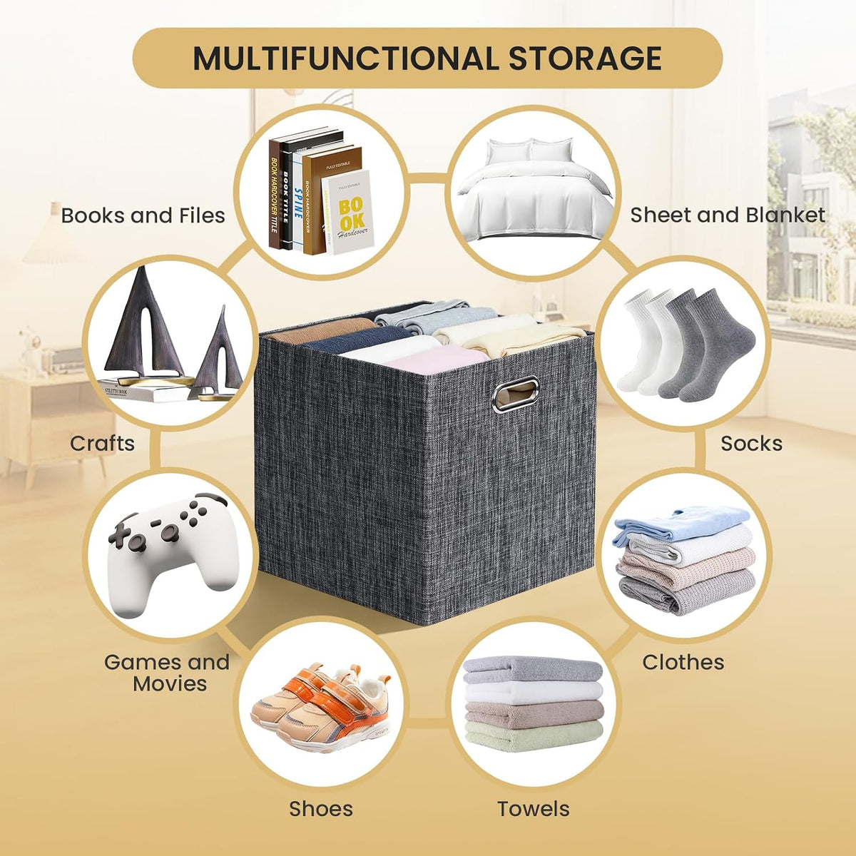 Collapsible Storage Bins,13×13 Foldable Storage Cube Boxes Fabric Drawer Fabric Storage Bins Vinyl Record Light Coffee, 4 Pack
