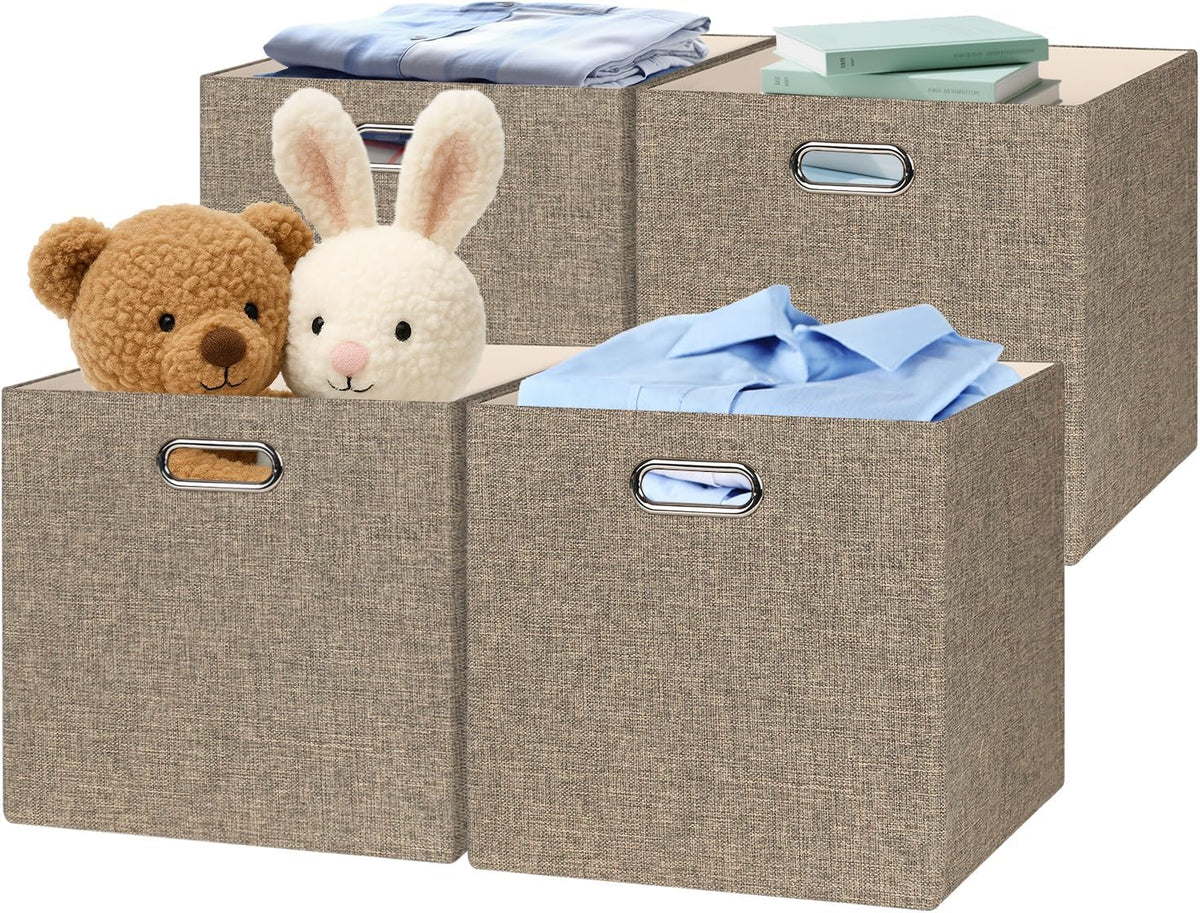 Collapsible Storage Bins,13×13 Foldable Storage Cube Boxes Fabric Drawer Fabric Storage Bins Vinyl Record Light Coffee, 4 Pack
