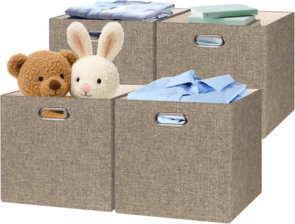 Collapsible Storage Bins,13×13 Foldable Storage Cube Boxes Fabric Drawer Fabric Storage Bins Vinyl Record Light Coffee, 4 Pack