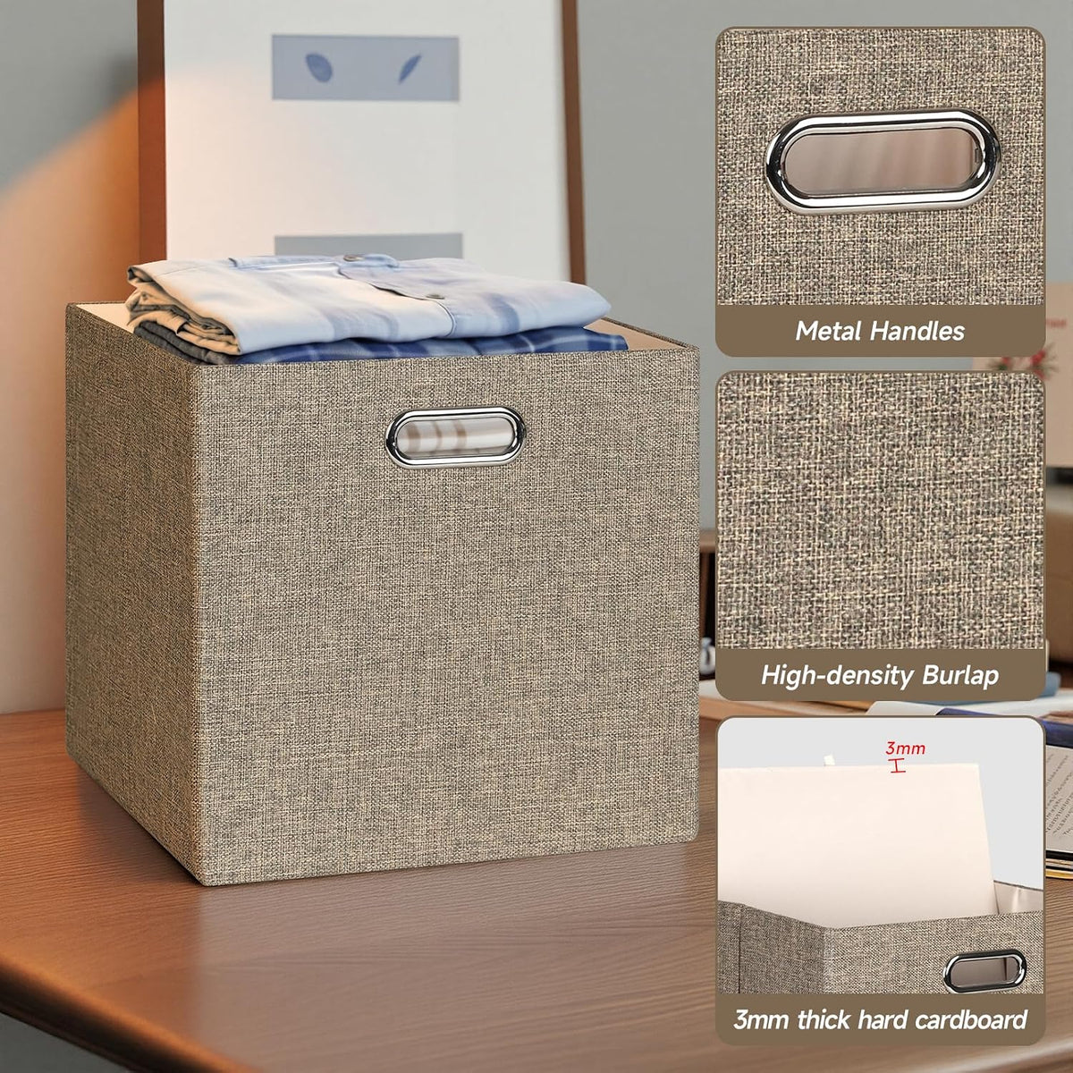 Collapsible Storage Bins,13×13 Foldable Storage Cube Boxes Fabric Drawer Fabric Storage Bins Vinyl Record Light Coffee, 4 Pack
