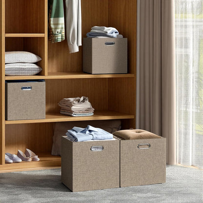 Collapsible Storage Bins,13×13 Foldable Storage Cube Boxes Fabric Drawer Fabric Storage Bins Vinyl Record Light Coffee, 4 Pack