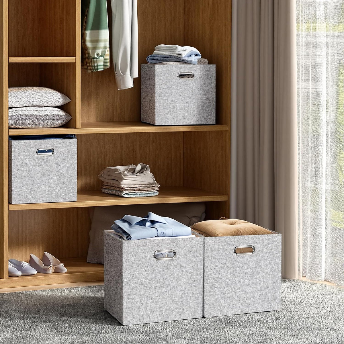 Collapsible Storage Bins,13×13 Foldable Storage Cube Boxes Fabric Drawer Fabric Storage Bins Vinyl Record Light Coffee, 4 Pack