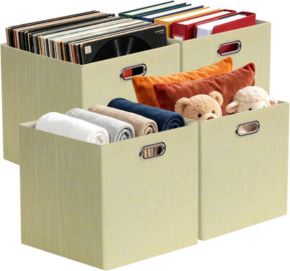 Collapsible Storage Bins,13×13 Foldable Storage Cube Boxes Fabric Drawer Fabric Storage Bins Vinyl Record Light Coffee, 4 Pack