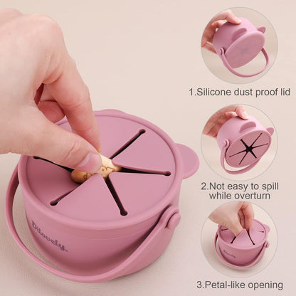 Snack Cups for Toddlers, Baby Snack Containers, Silicone Toddler Snack Cups No Spill, Food Catcher with Lid & Bucket-like Handle, BPA Free & Dishwasher Safe, 9 Ounce Lilac