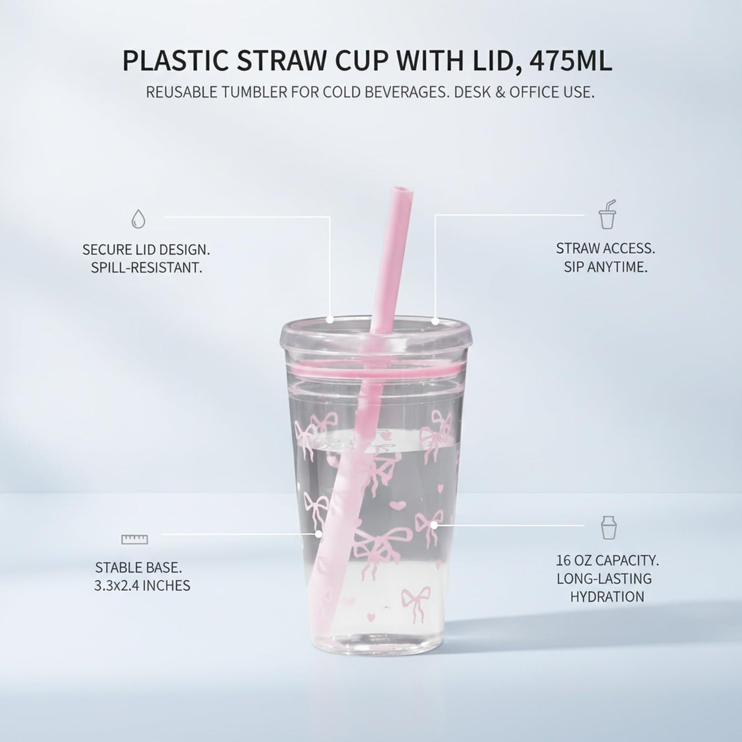 Fits Standard Car Cup Holders, 475ml PS Plastic Tumbler with Lid and Straw for Cold Drinks, Reusable Desk Cup