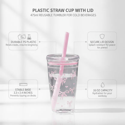 Fits Standard Car Cup Holders, 475ml PS Plastic Tumbler with Lid and Straw for Cold Drinks, Reusable Desk Cup