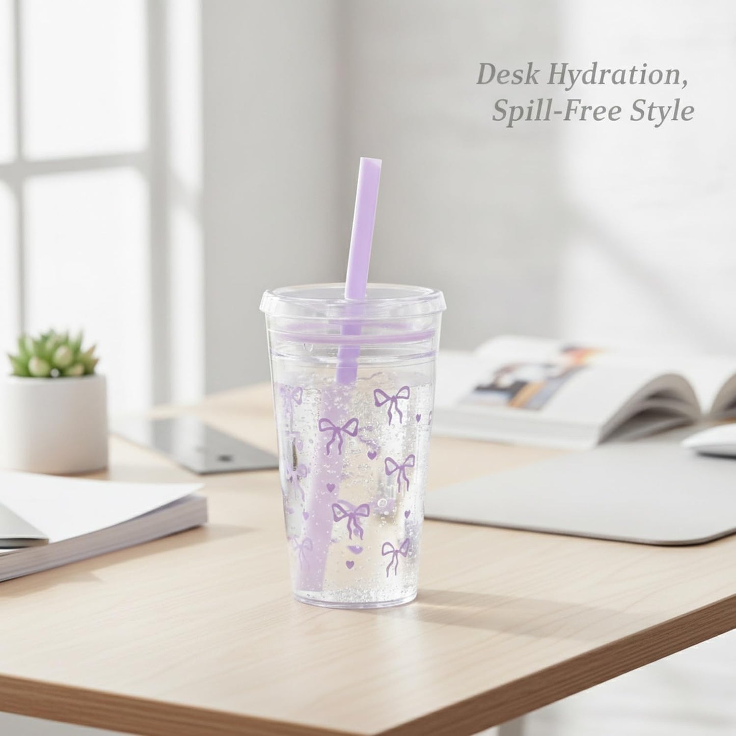 Fits Standard Car Cup Holders, 475ml PS Plastic Tumbler with Lid and Straw for Cold Drinks, Reusable Desk Cup