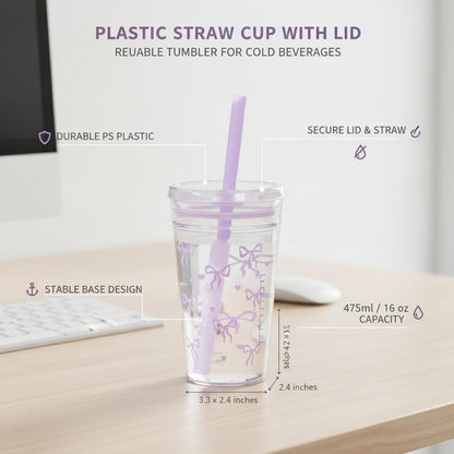 Fits Standard Car Cup Holders, 475ml PS Plastic Tumbler with Lid and Straw for Cold Drinks, Reusable Desk Cup