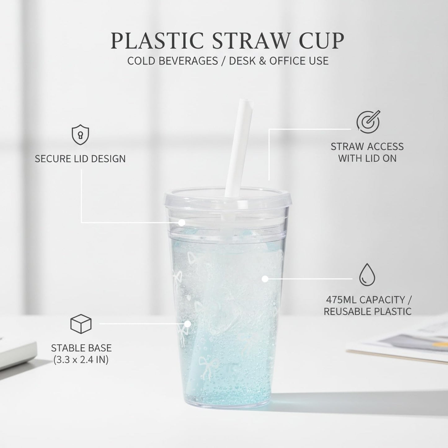 Fits Standard Car Cup Holders, 475ml PS Plastic Tumbler with Lid and Straw for Cold Drinks, Reusable Desk Cup