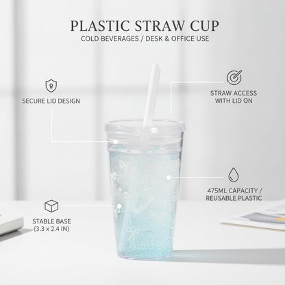 Fits Standard Car Cup Holders, 475ml PS Plastic Tumbler with Lid and Straw for Cold Drinks, Reusable Desk Cup