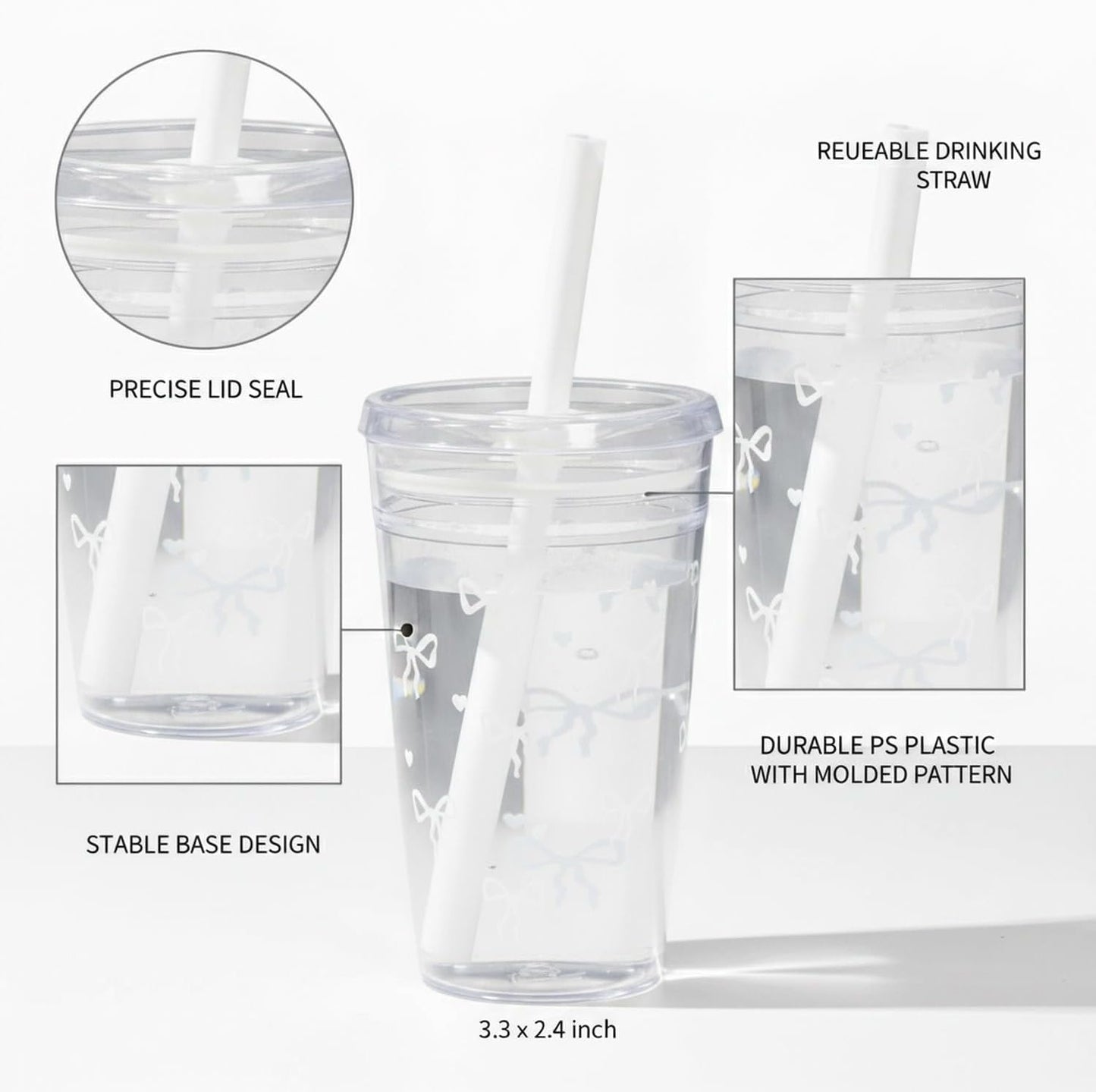 Fits Standard Car Cup Holders, 475ml PS Plastic Tumbler with Lid and Straw for Cold Drinks, Reusable Desk Cup