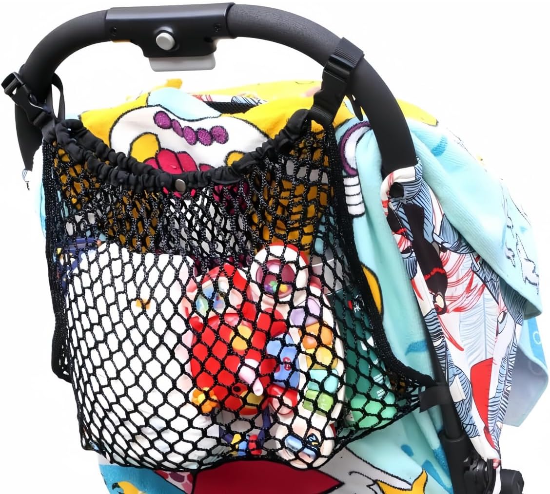 Stroller Caddy Organizer Extra Large Storage Space, Universal Fit Cargo Net Mesh Hanging Bag for Stroller Caddy Accessories Carrying Diaper and Snacks