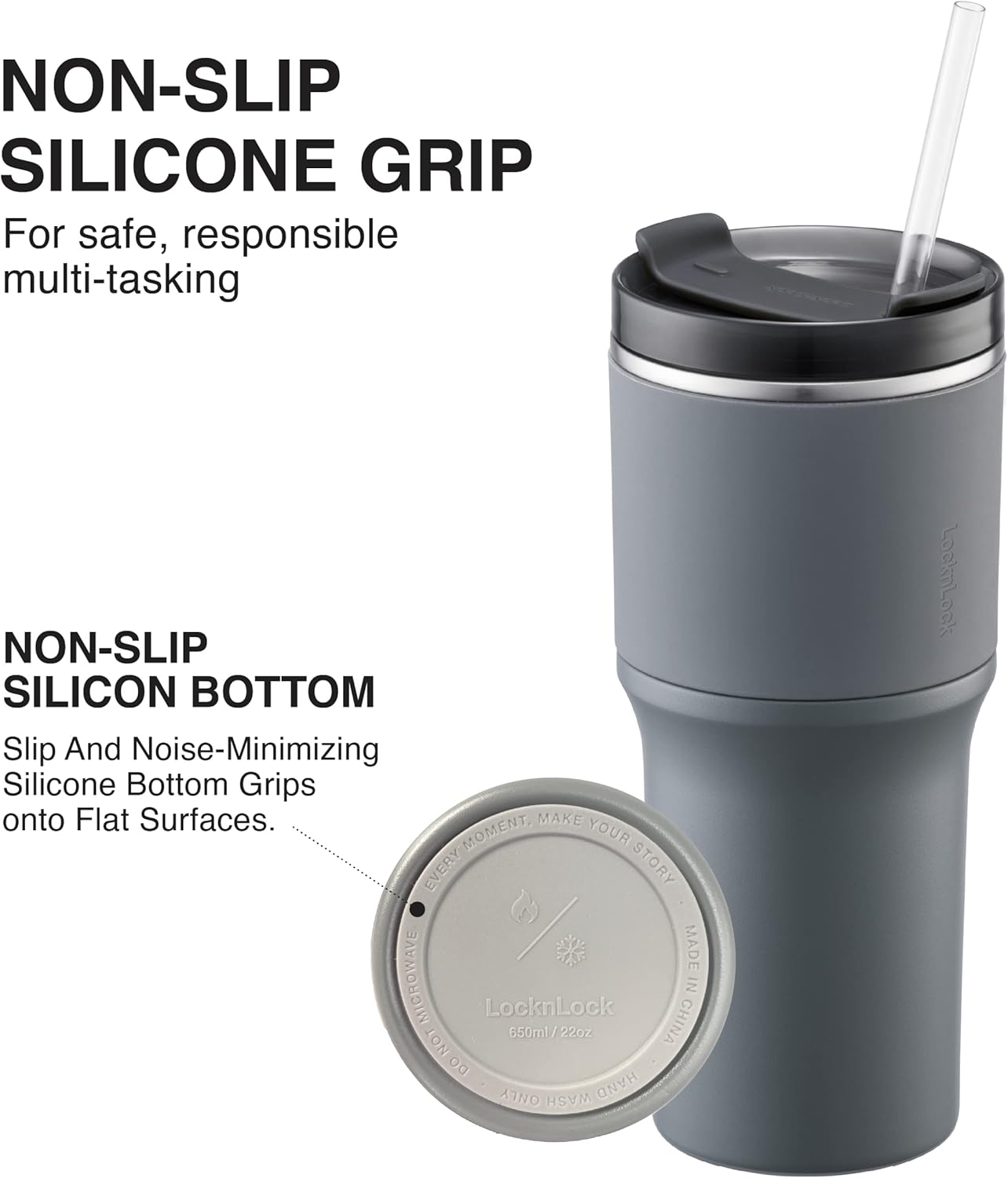 Metro Tumbler Stainless Steel Double Wall Insulated with Non-slip grip, Lid, 22 oz, Gray