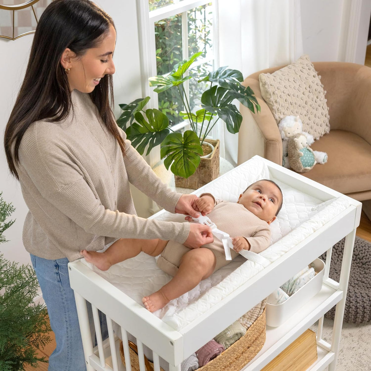 Contoured Changing Pad – Includes Waterproof Changing Liner and Safety Fastening Strap with Quick-Release Buckle
