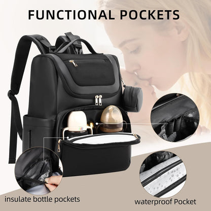 Large Leather Diaper Bag Backpack, Baby Travel Bag with Changing Pad, Insulated Pockets, Stroller Straps and Pacifier Case, Water-Resistant Diaper Bag for Mom and Dad, Khaki
