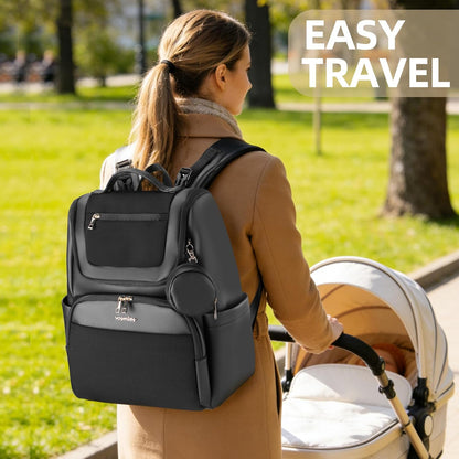 Large Leather Diaper Bag Backpack, Baby Travel Bag with Changing Pad, Insulated Pockets, Stroller Straps and Pacifier Case, Water-Resistant Diaper Bag for Mom and Dad, Khaki