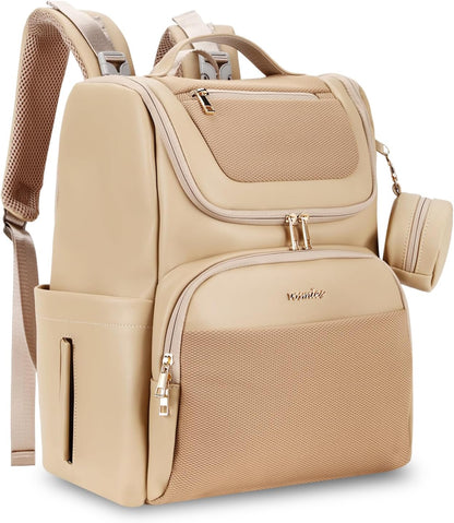 Large Leather Diaper Bag Backpack, Baby Travel Bag with Changing Pad, Insulated Pockets, Stroller Straps and Pacifier Case, Water-Resistant Diaper Bag for Mom and Dad, Khaki
