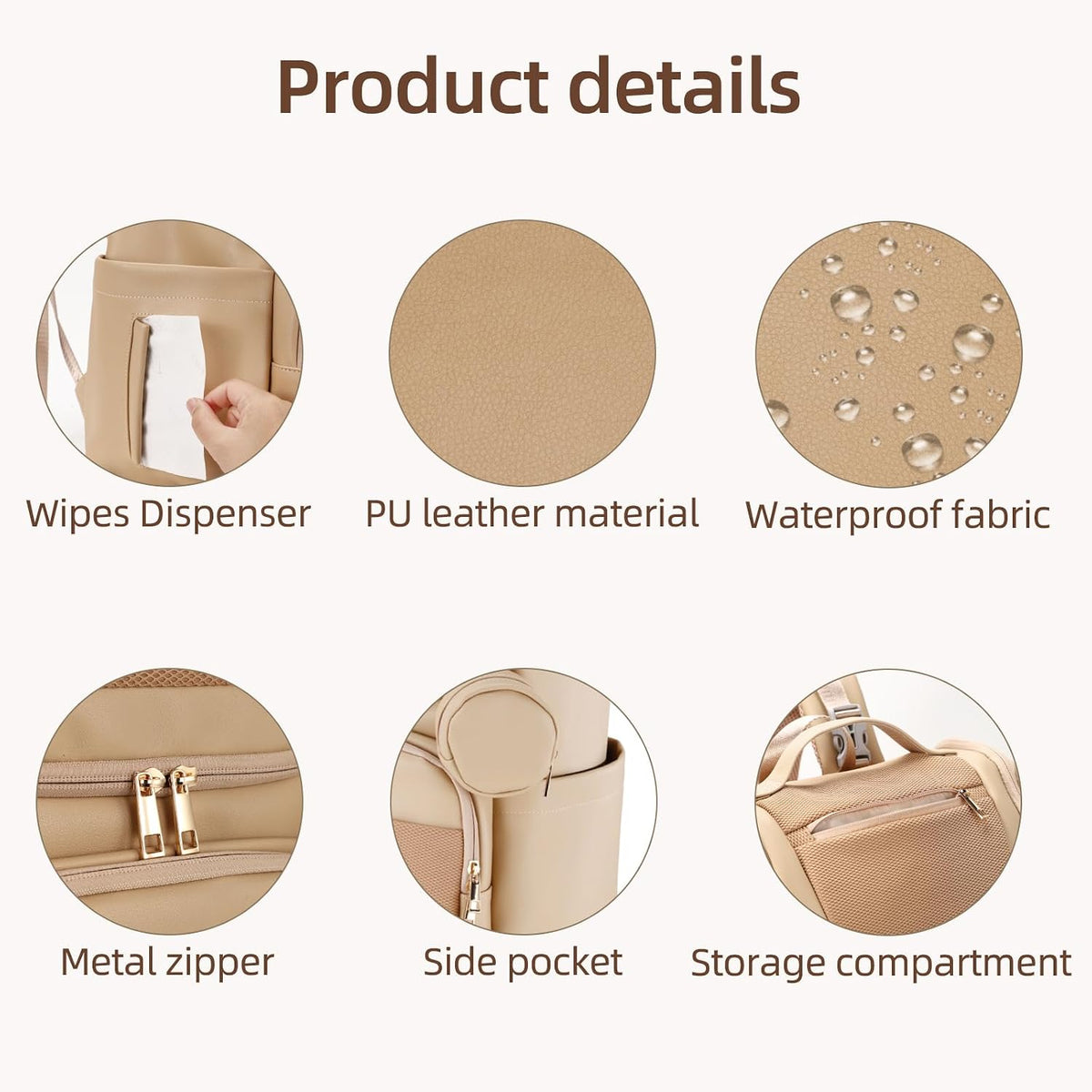 Large Leather Diaper Bag Backpack, Baby Travel Bag with Changing Pad, Insulated Pockets, Stroller Straps and Pacifier Case, Water-Resistant Diaper Bag for Mom and Dad, Khaki