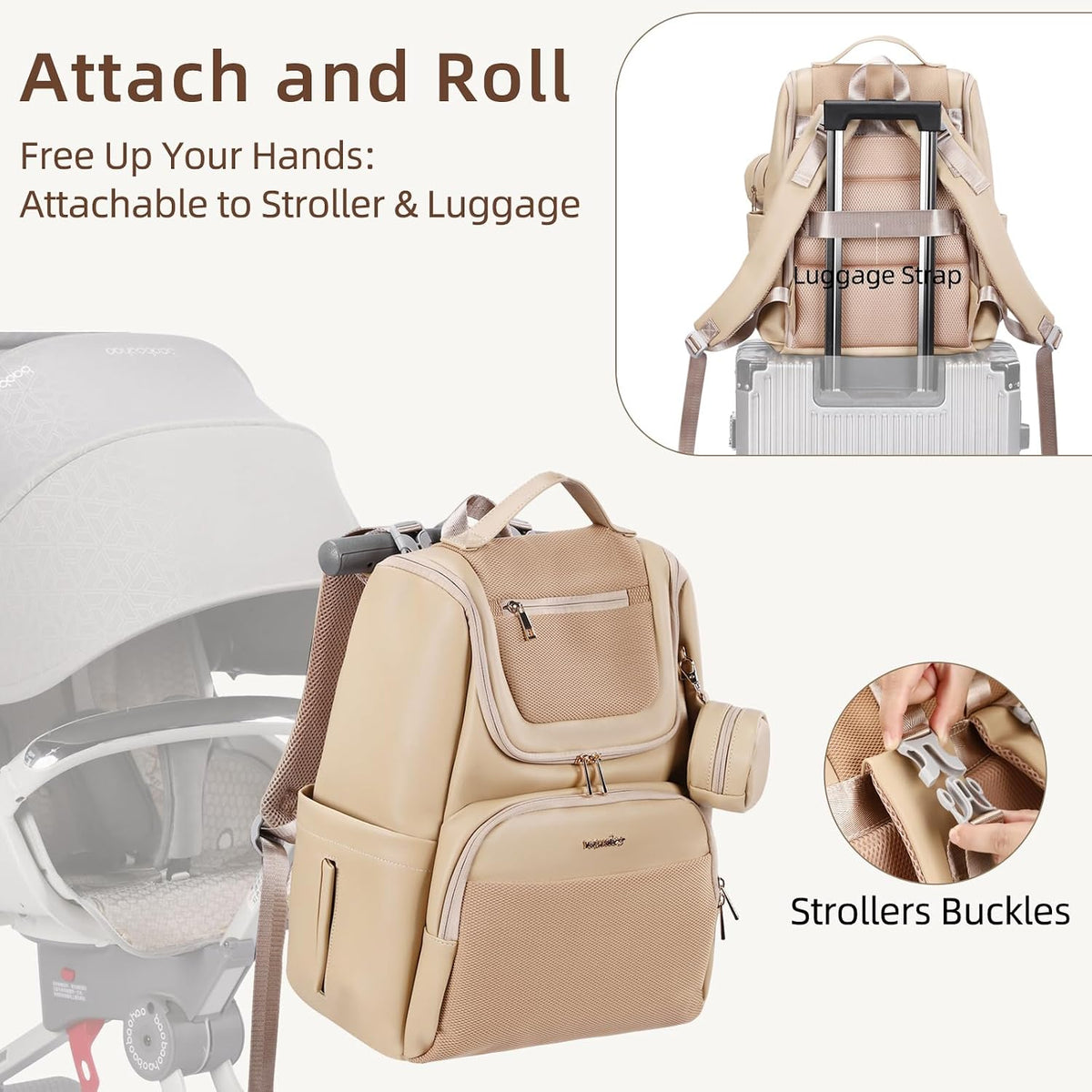 Large Leather Diaper Bag Backpack, Baby Travel Bag with Changing Pad, Insulated Pockets, Stroller Straps and Pacifier Case, Water-Resistant Diaper Bag for Mom and Dad, Khaki