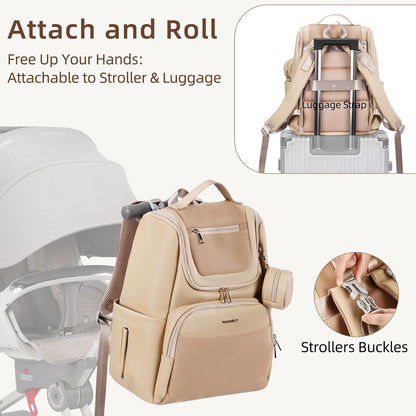 Large Leather Diaper Bag Backpack, Baby Travel Bag with Changing Pad, Insulated Pockets, Stroller Straps and Pacifier Case, Water-Resistant Diaper Bag for Mom and Dad, Khaki