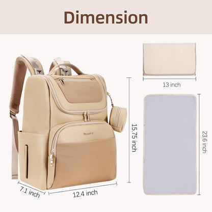 Large Leather Diaper Bag Backpack, Baby Travel Bag with Changing Pad, Insulated Pockets, Stroller Straps and Pacifier Case, Water-Resistant Diaper Bag for Mom and Dad, Khaki