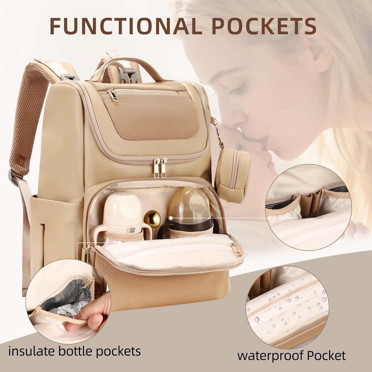 Large Leather Diaper Bag Backpack, Baby Travel Bag with Changing Pad, Insulated Pockets, Stroller Straps and Pacifier Case, Water-Resistant Diaper Bag for Mom and Dad, Khaki