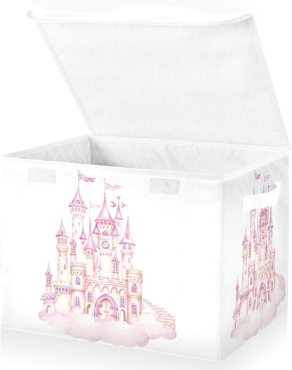 Large Storage Bin with Lid Foldable Toy Box, Pink Castle