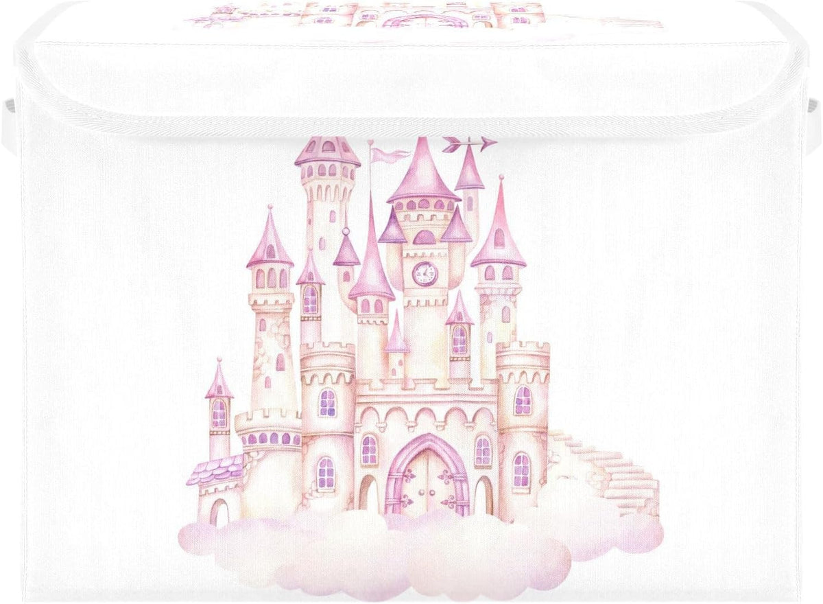 Large Storage Bin with Lid Foldable Toy Box, Pink Castle