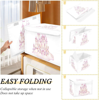 Large Storage Bin with Lid Foldable Toy Box, Pink Castle