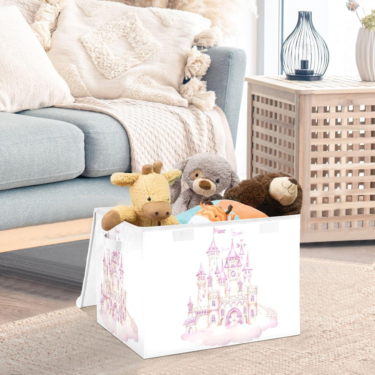 Large Storage Bin with Lid Foldable Toy Box, Pink Castle