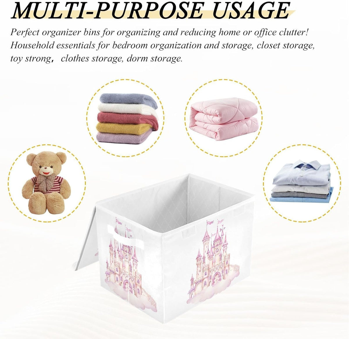 Large Storage Bin with Lid Foldable Toy Box, Pink Castle