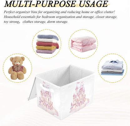 Large Storage Bin with Lid Foldable Toy Box, Pink Castle
