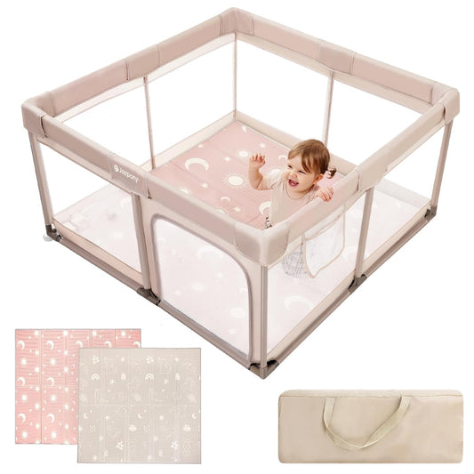 Joypony Baby Playpen with Mat, 50x50 in Small Play Pen for Babies, Toddler Playpen for Apartment, Indoors Play Yard with Soft Breathable Mesh (Beige)