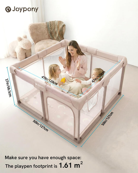 Joypony Baby Playpen with Mat, 50x50 in Small Play Pen for Babies, Toddler Playpen for Apartment, Indoors Play Yard with Soft Breathable Mesh (Beige)