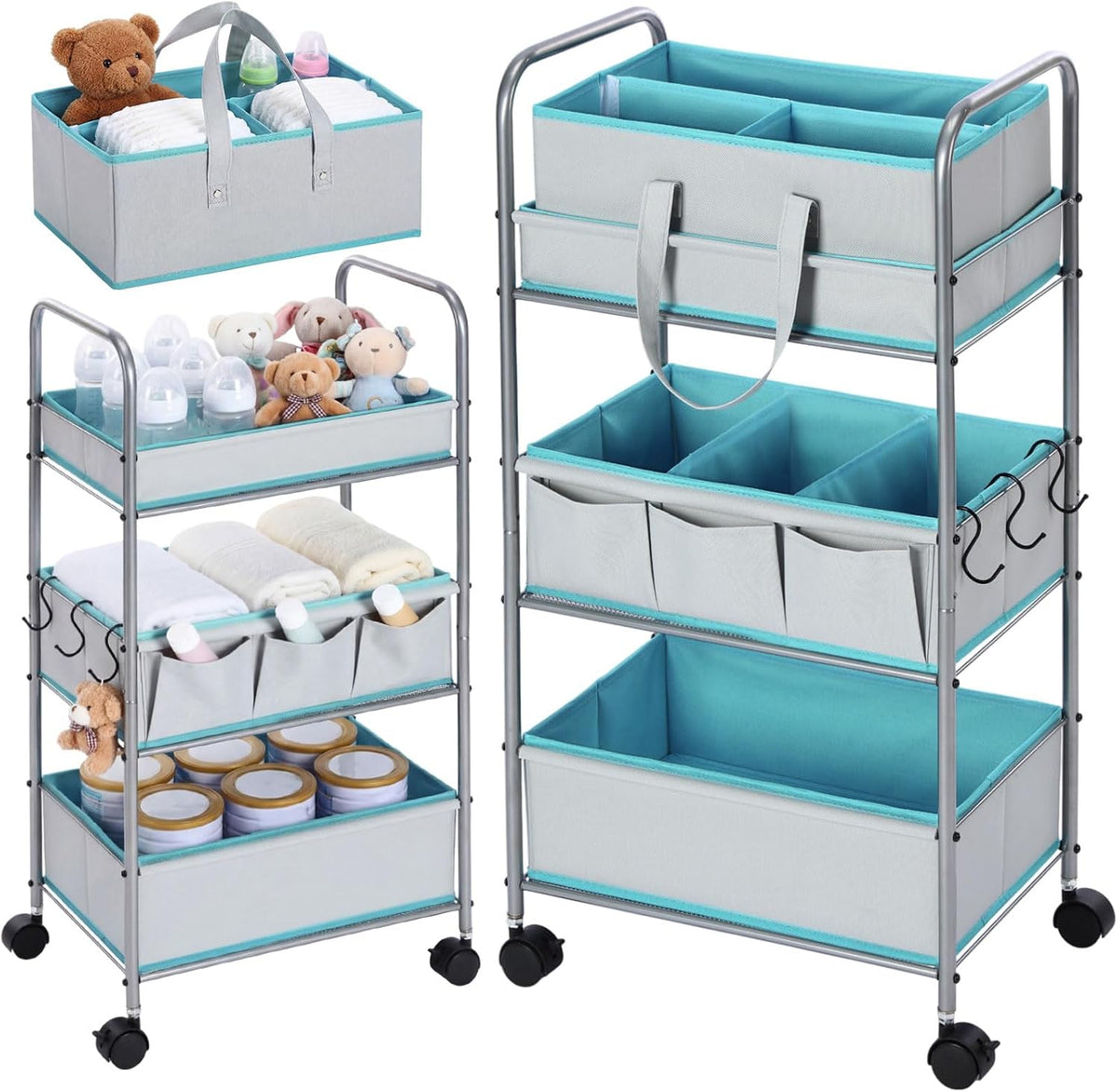 2in1 Baby Diaper Caddy Organizer Cart 3 Tier Large Capacity Metal Utility Bedside Rolling Cart with Divider Newborn Registry Nursery Essential Must Have Bedroom Gift Baby Shower(Pink)