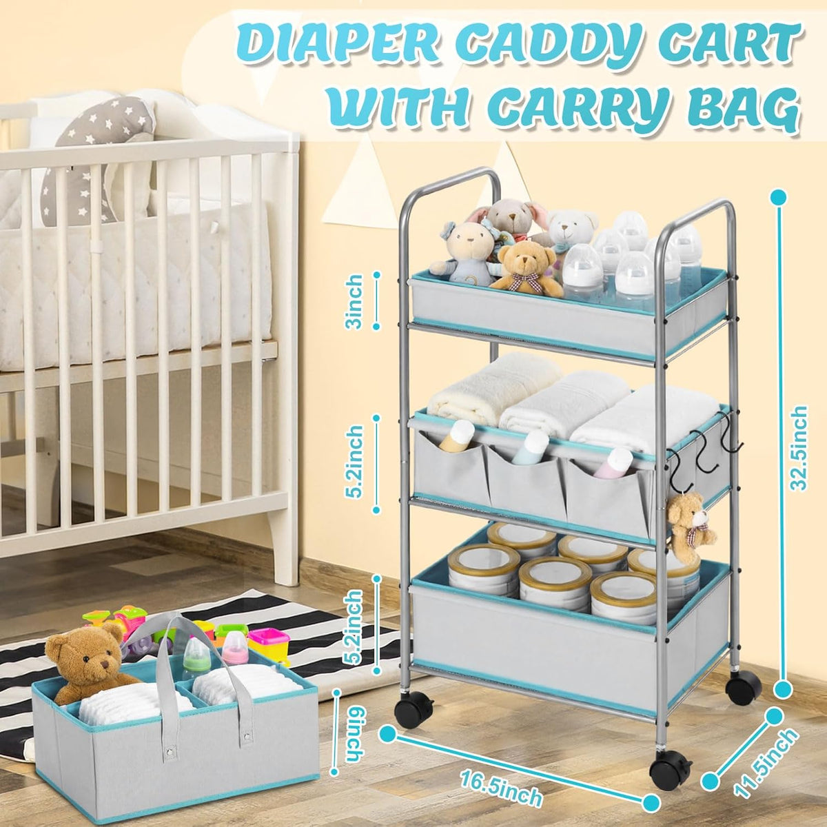 2in1 Baby Diaper Caddy Organizer Cart 3 Tier Large Capacity Metal Utility Bedside Rolling Cart with Divider Newborn Registry Nursery Essential Must Have Bedroom Gift Baby Shower(Pink)