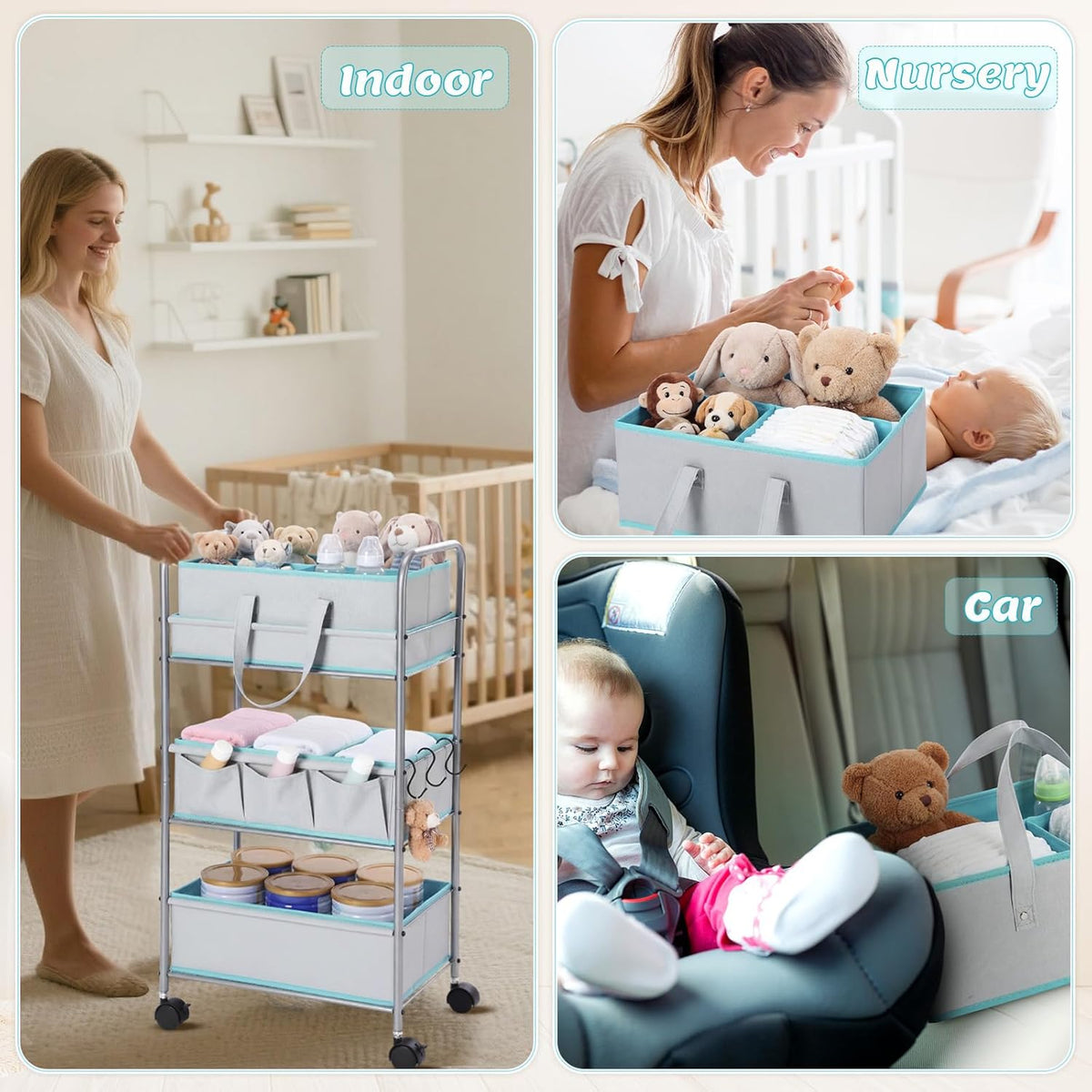 2in1 Baby Diaper Caddy Organizer Cart 3 Tier Large Capacity Metal Utility Bedside Rolling Cart with Divider Newborn Registry Nursery Essential Must Have Bedroom Gift Baby Shower(Pink)