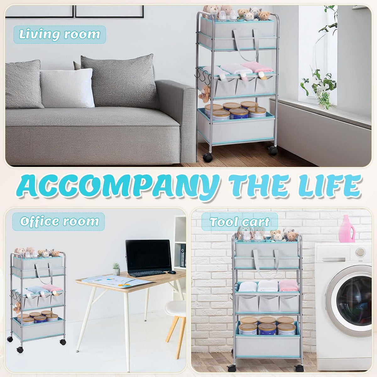 2in1 Baby Diaper Caddy Organizer Cart 3 Tier Large Capacity Metal Utility Bedside Rolling Cart with Divider Newborn Registry Nursery Essential Must Have Bedroom Gift Baby Shower(Pink)