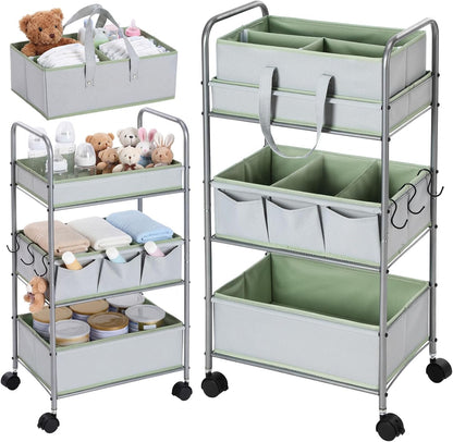 2in1 Baby Diaper Caddy Organizer Cart 3 Tier Large Capacity Metal Utility Bedside Rolling Cart with Divider Newborn Registry Nursery Essential Must Have Bedroom Gift Baby Shower(Pink)