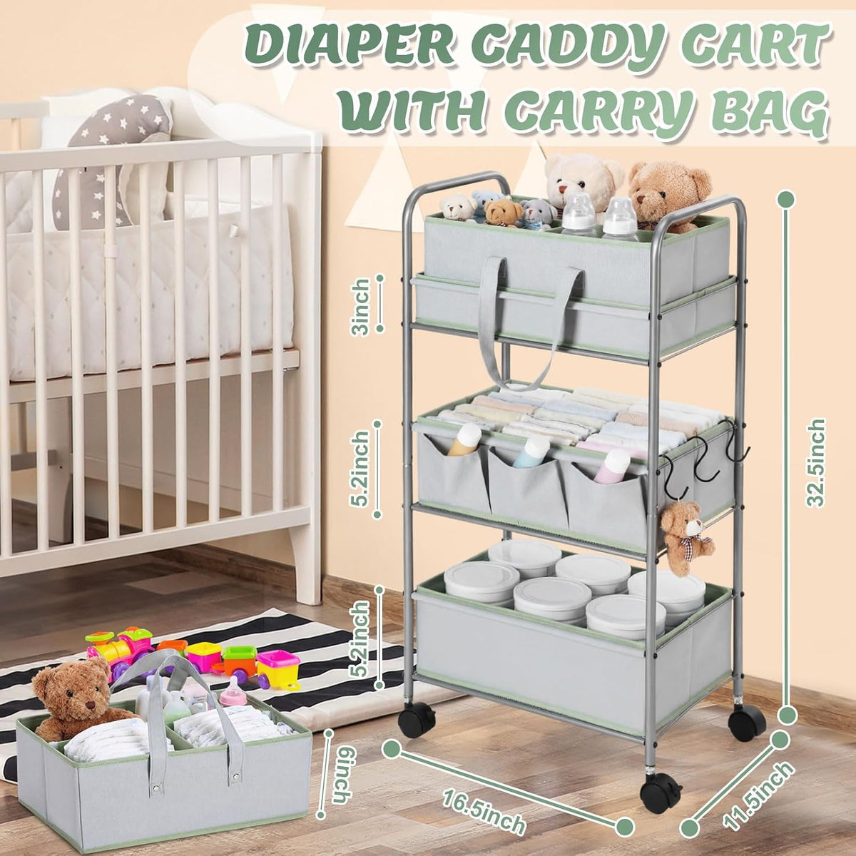 2in1 Baby Diaper Caddy Organizer Cart 3 Tier Large Capacity Metal Utility Bedside Rolling Cart with Divider Newborn Registry Nursery Essential Must Have Bedroom Gift Baby Shower(Pink)