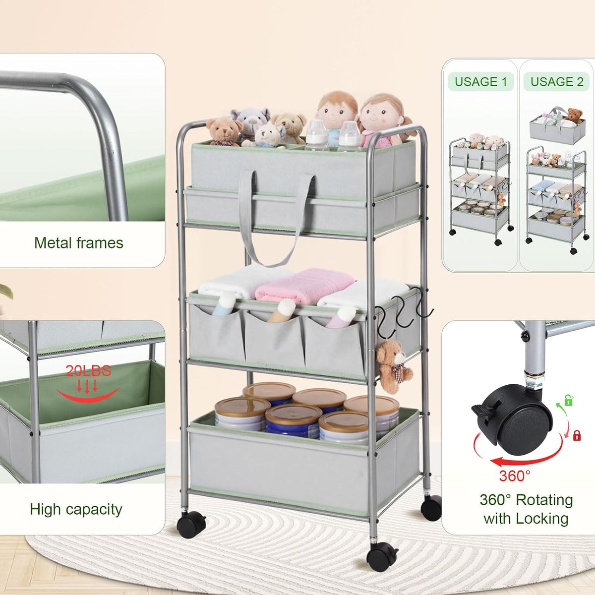 2in1 Baby Diaper Caddy Organizer Cart 3 Tier Large Capacity Metal Utility Bedside Rolling Cart with Divider Newborn Registry Nursery Essential Must Have Bedroom Gift Baby Shower(Pink)