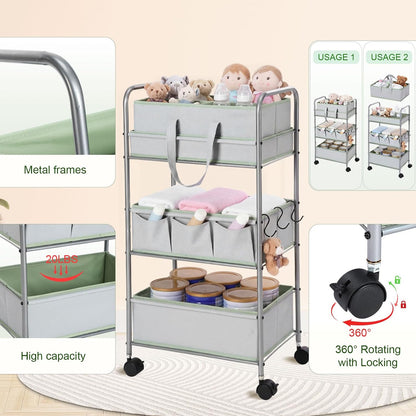 2in1 Baby Diaper Caddy Organizer Cart 3 Tier Large Capacity Metal Utility Bedside Rolling Cart with Divider Newborn Registry Nursery Essential Must Have Bedroom Gift Baby Shower(Pink)