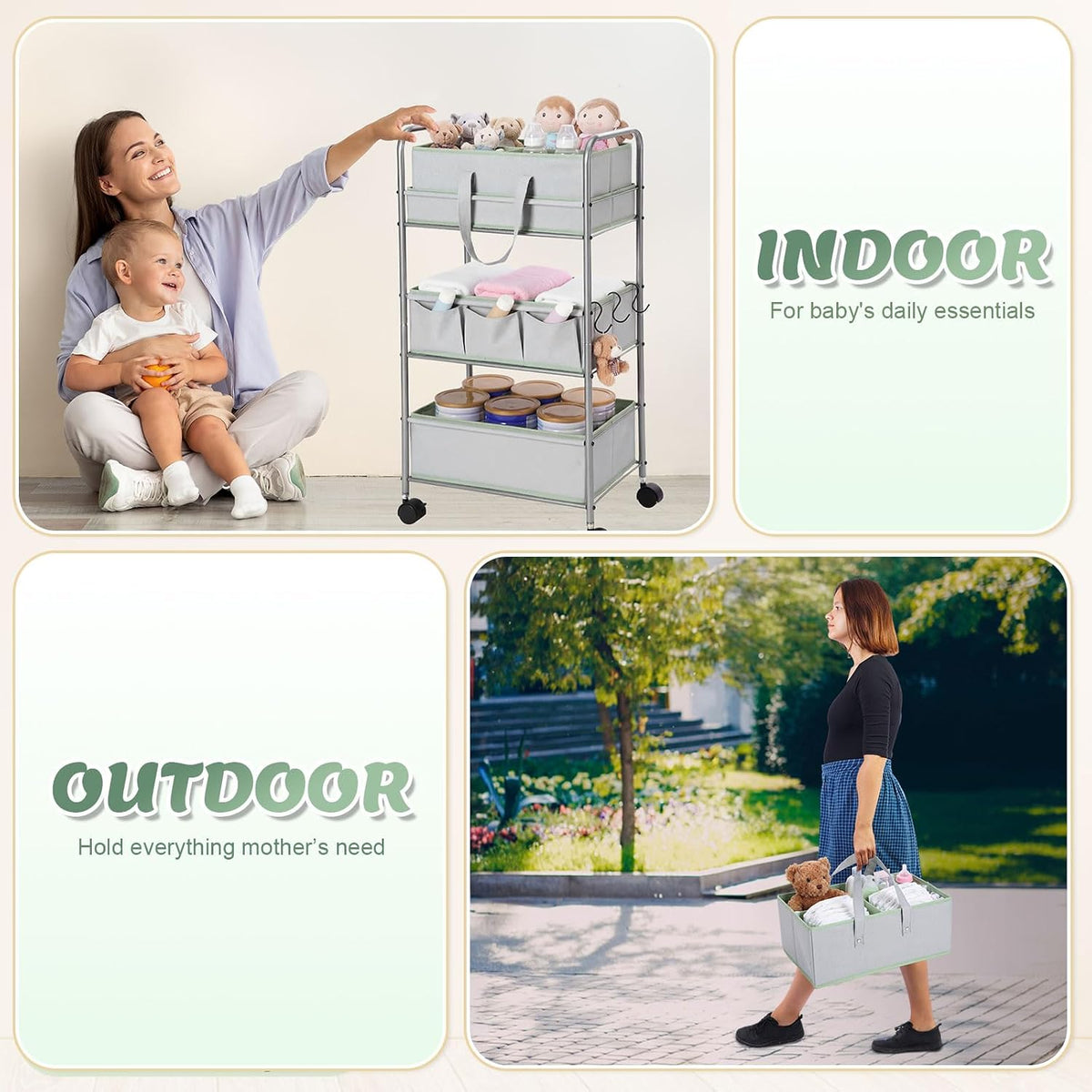 2in1 Baby Diaper Caddy Organizer Cart 3 Tier Large Capacity Metal Utility Bedside Rolling Cart with Divider Newborn Registry Nursery Essential Must Have Bedroom Gift Baby Shower(Pink)