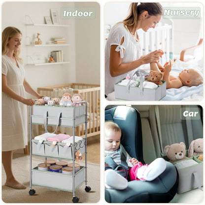 2in1 Baby Diaper Caddy Organizer Cart 3 Tier Large Capacity Metal Utility Bedside Rolling Cart with Divider Newborn Registry Nursery Essential Must Have Bedroom Gift Baby Shower(Pink)