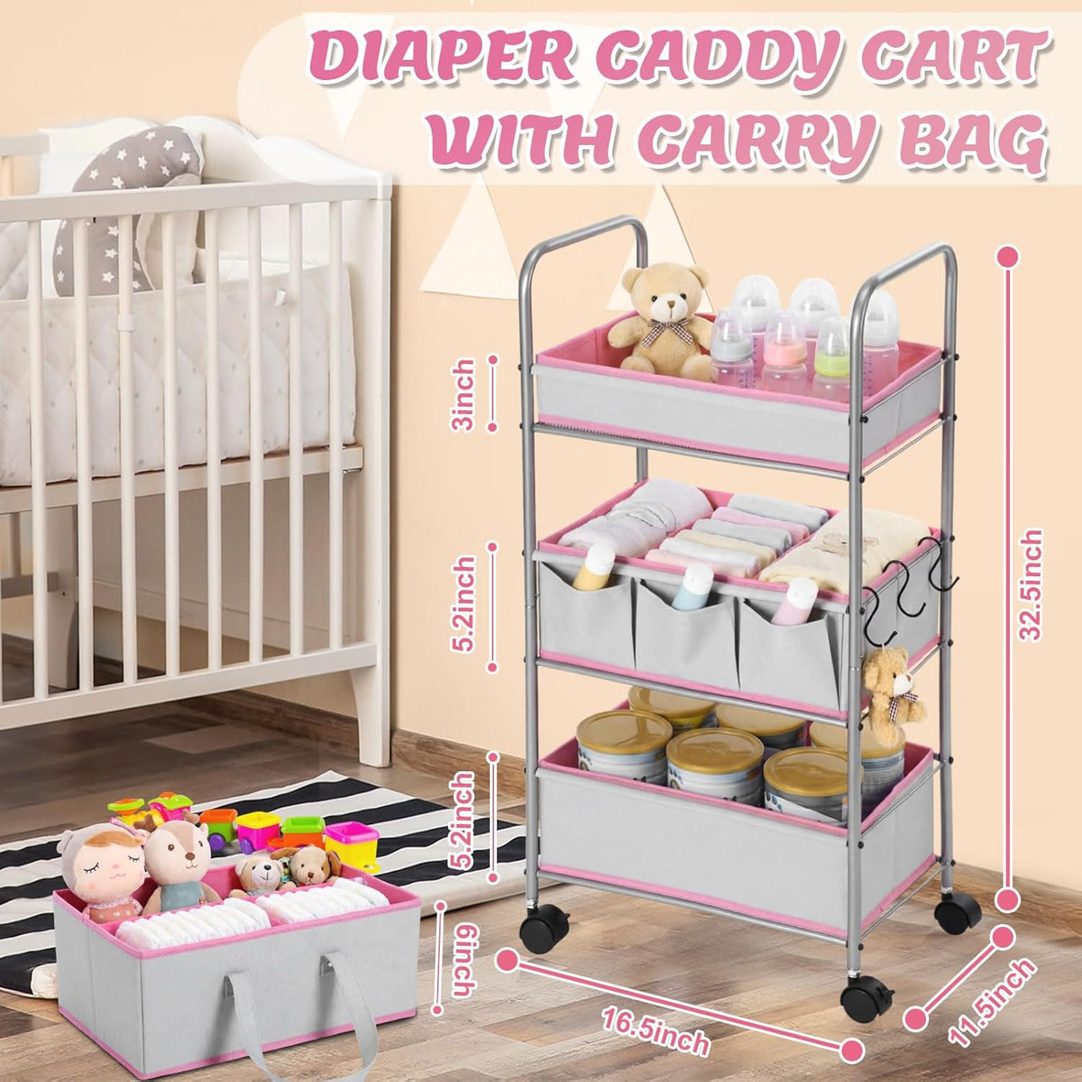 2in1 Baby Diaper Caddy Organizer Cart 3 Tier Large Capacity Metal Utility Bedside Rolling Cart with Divider Newborn Registry Nursery Essential Must Have Bedroom Gift Baby Shower(Pink)