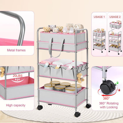 2in1 Baby Diaper Caddy Organizer Cart 3 Tier Large Capacity Metal Utility Bedside Rolling Cart with Divider Newborn Registry Nursery Essential Must Have Bedroom Gift Baby Shower(Pink)